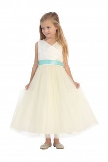 Ivory/Mint Elegant Satin & Tulle Flower Girl Dress